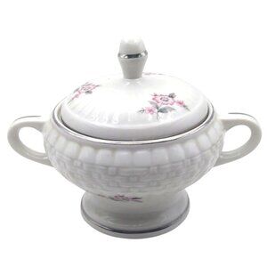 Hall China Forman Family Floral Sugar Bowl Lid Handles USA Vintage MCM Porcelain